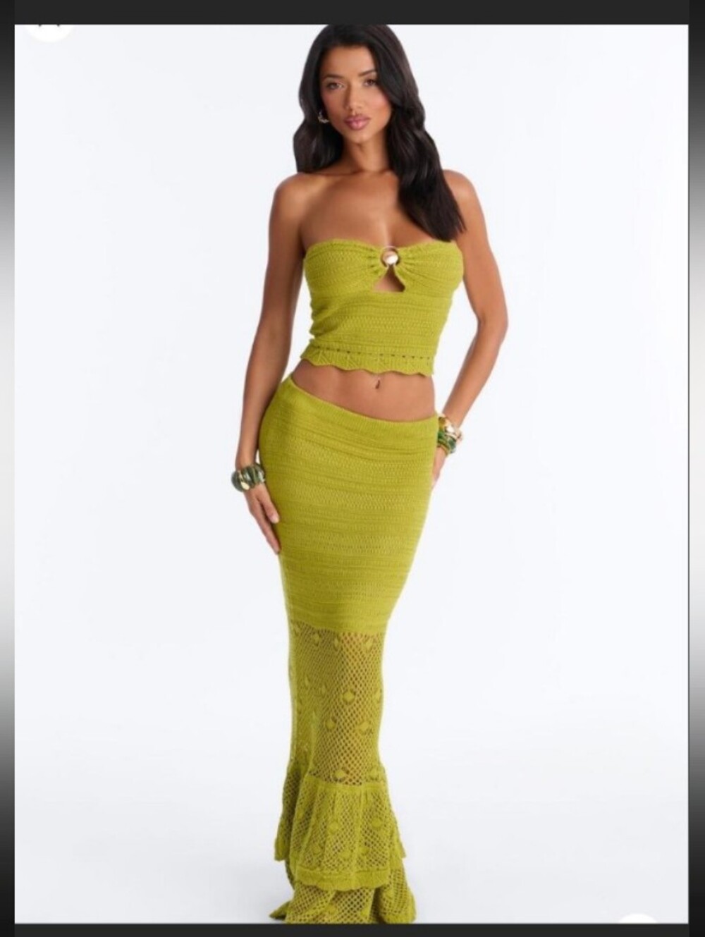 Women's  Two Piece Lime Green Crochet Maxi Skirt - Knit Mermaid Style
